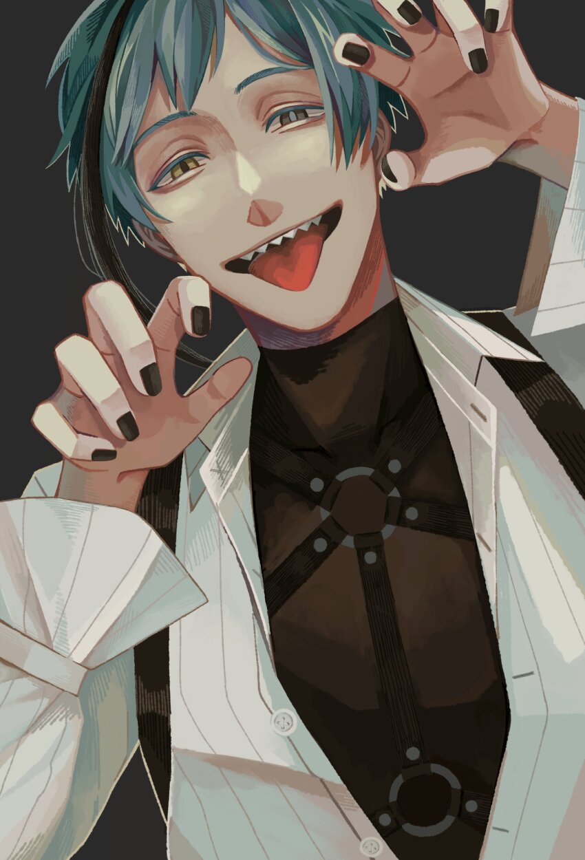 1boy, black_nails, blue_hair, brown_eyes, claw_pose, commentary, commentary_request, english_commentary