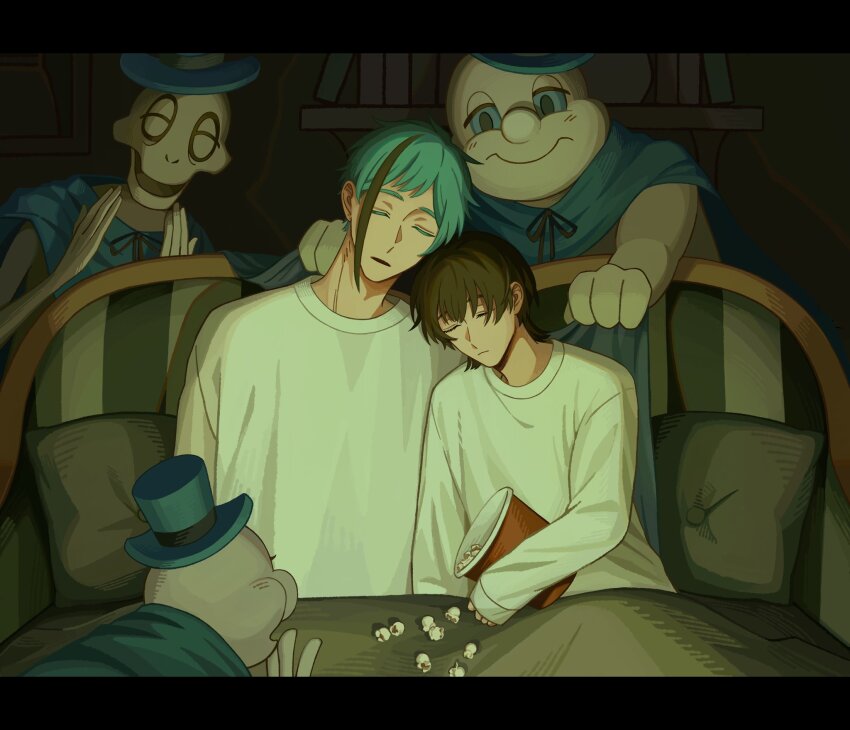 1boy, 1girl, 3others, blue_hair, brown_hair, commentary_request, couch, floyd_leech, food, hetero, highres, indoors, leaning_on_person, multiple_others, n0_2434, pillow, popcorn, reverse_trap, short_hair, sitting, sleeping, twisted_wonderland, yuu_(twisted_wonderland)