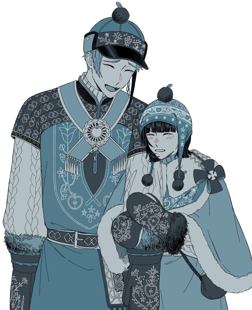 1boy, 1girl, beanie, black_hair, blue_hair, capelet, commentary_request, floyd_leech