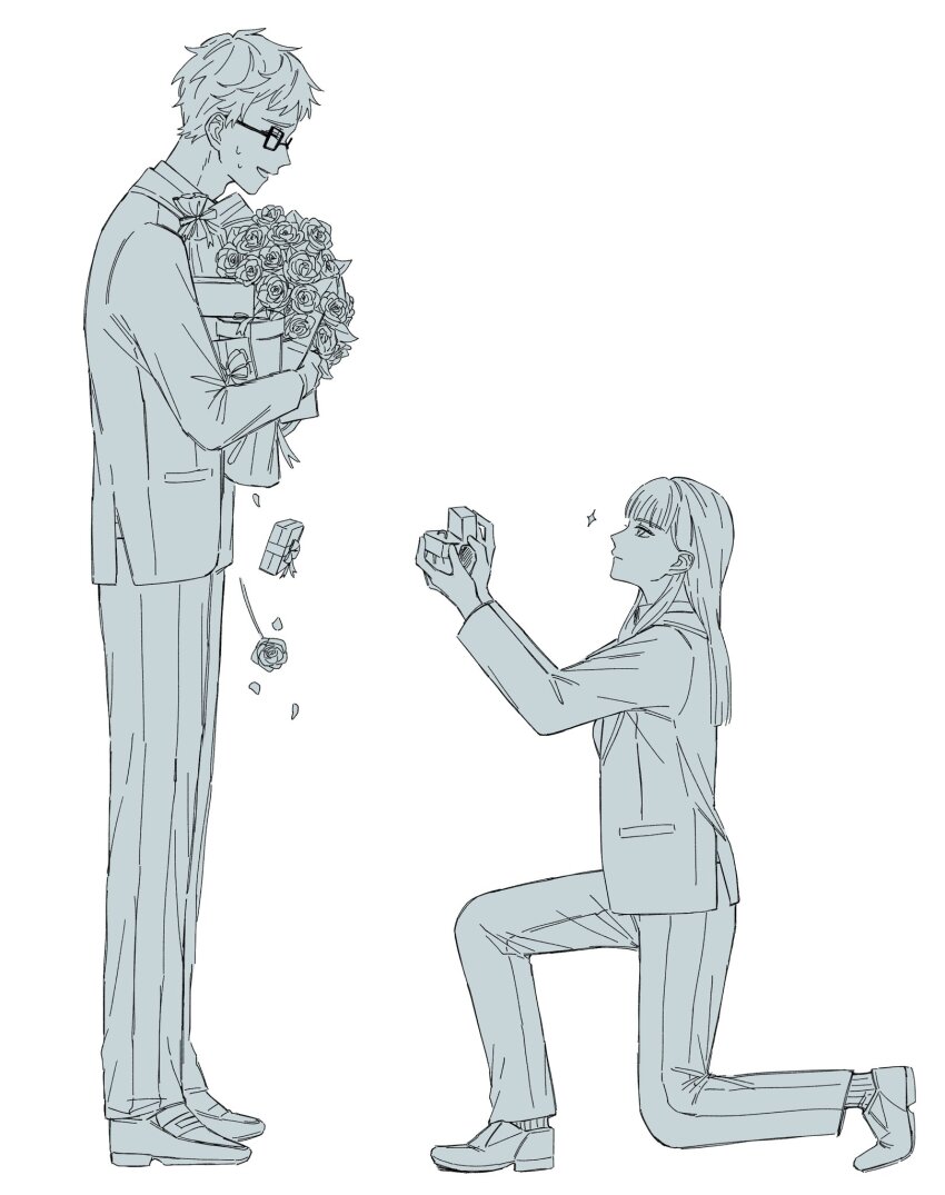 1boy, 1girl, assertive_female, azul_ashengrotto, bouquet, box, commentary_request, flower, formal_clothes, full_body, gift, gift_box, glasses, hetero, highres, holding, holding_bouquet, long_hair, marriage_proposal, monochrome, n0_2434, on_one_knee, short_hair, simple_background, suit, twisted_wonderland, white_background