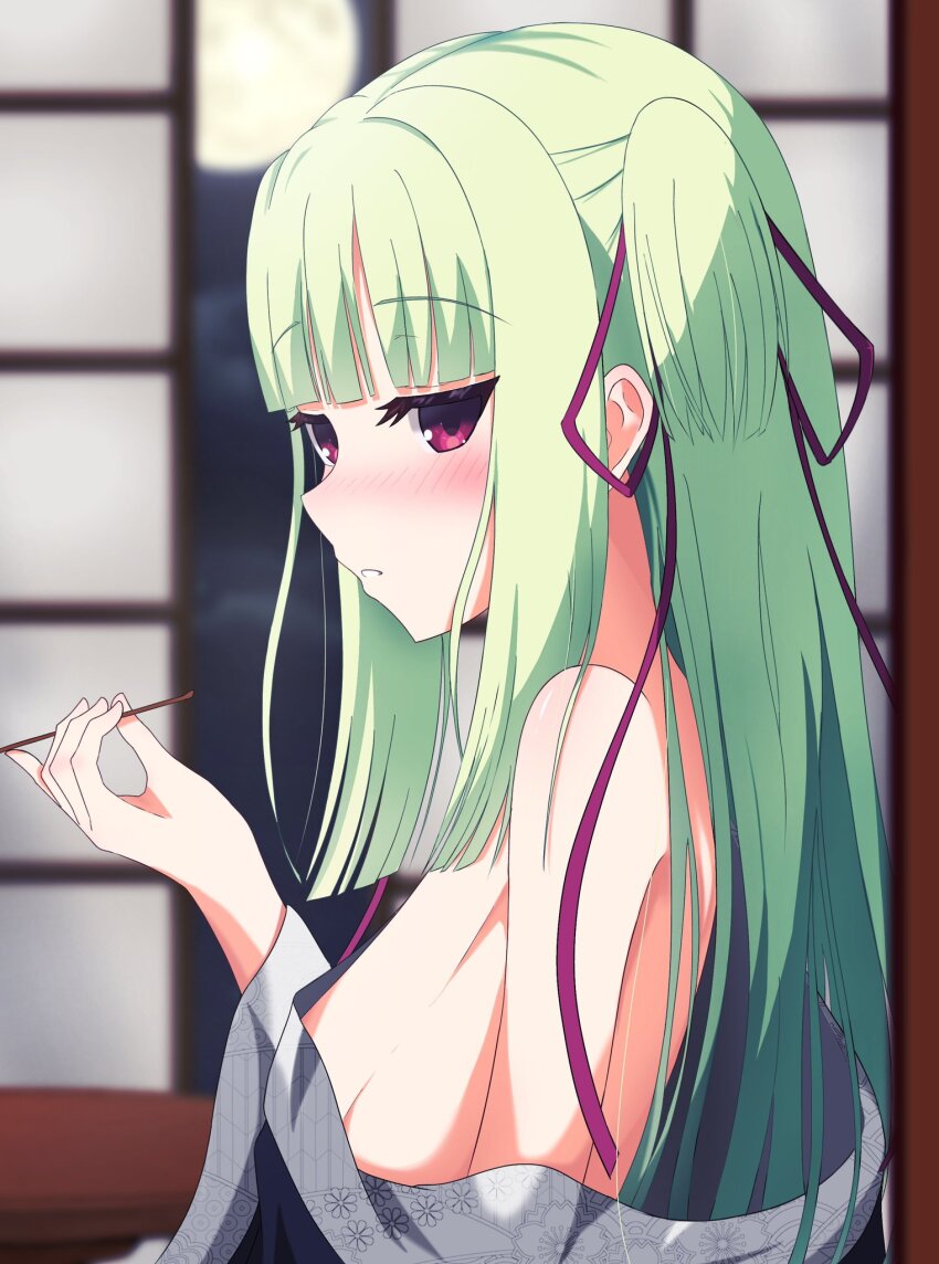 1230_mochi, 1girl, bare_shoulders, black_kimono, blunt_bangs, blunt_ends, blurry, blurry_background, blush, breasts, commentary, from_side, full_moon, green_hair, hair_ribbon, hand_up, highres, hime_cut, indoors, japanese_clothes, kimono, kimono_pull, long_hair, long_ribbon, looking_at_viewer, mimikaki, moon, murasame_(senren), night, no_bra, nose_blush, one_side_up, parted_lips, purple_ribbon, red_eyes, ribbon, senren_banka, sideboob, sidelocks, small_breasts, solo, straight_hair, tsurime, upper_body, very_long_hair