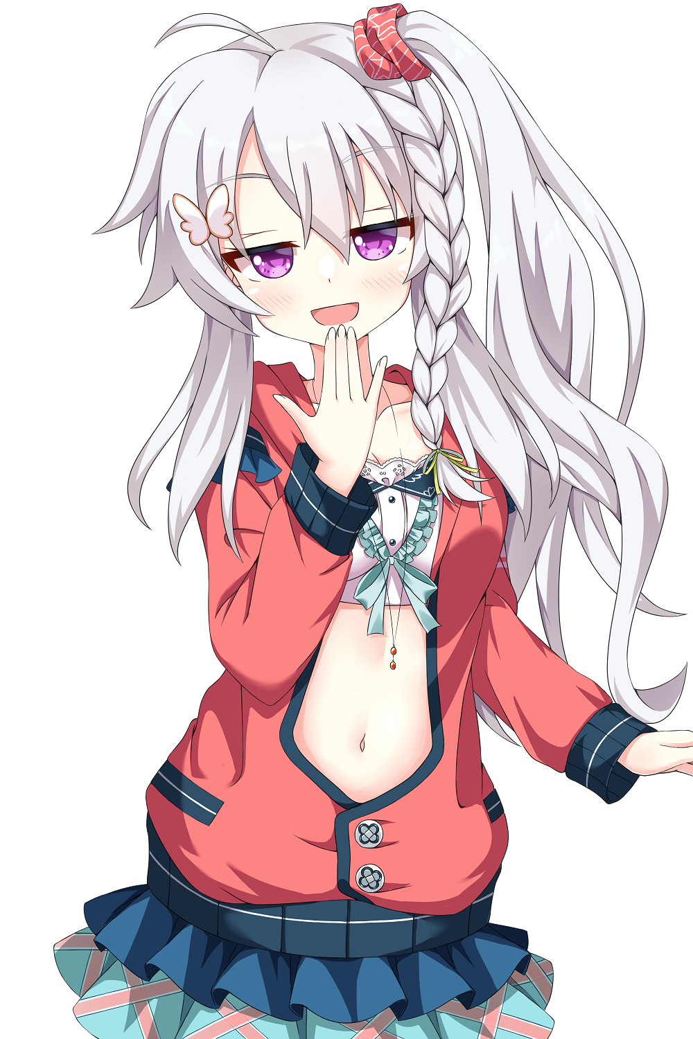 1girl, 9-nine-, :d, ahoge, blue_skirt, blush, braid, breasts