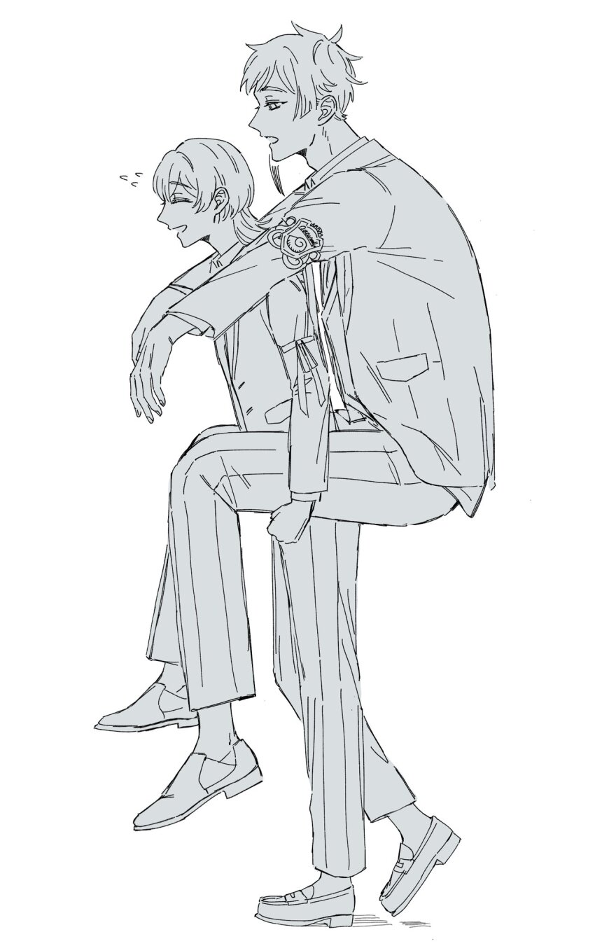 1boy, 1girl, carrying, closed_eyes, commentary_request, floyd_leech, flying_sweatdrops, full_body, greyscale, highres, monochrome, n0_2434, piggyback, school_uniform, short_hair, simple_background, twisted_wonderland, walking, white_background, yuu_(twisted_wonderland)