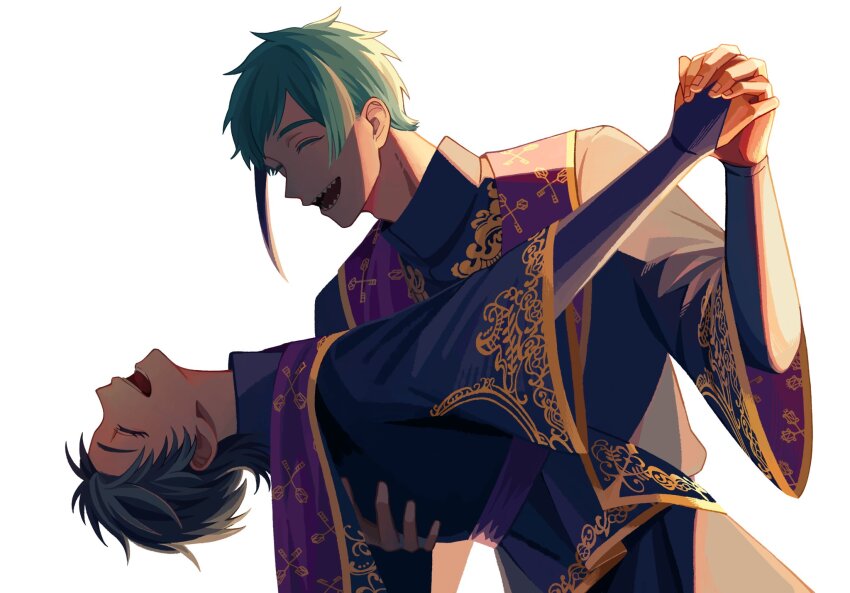 1boy, 1girl, black_hair, bridal_gauntlets, commentary_request, dancing, facing_another, floyd_leech