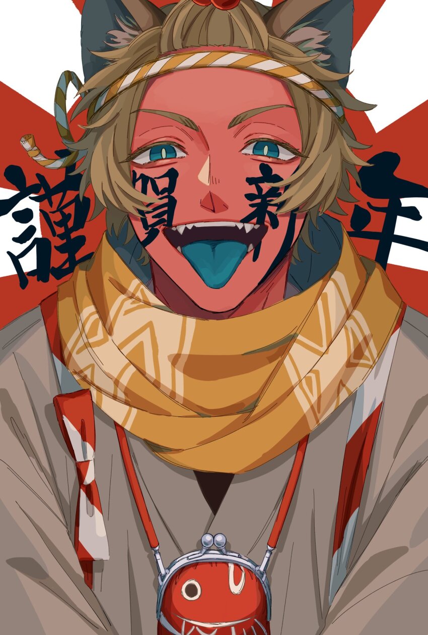 1boy, animal_ear_fluff, blonde_hair, blue_eyes, brown_kimono, commentary_request, fangs, highres