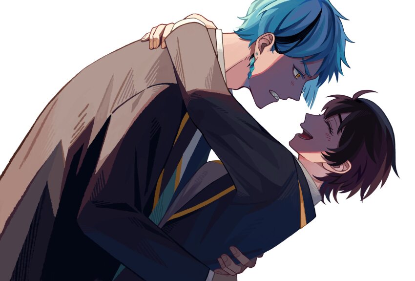 1boy, 1girl, blue_hair, brown_hair, commentary_request, eye_contact, hetero, highres