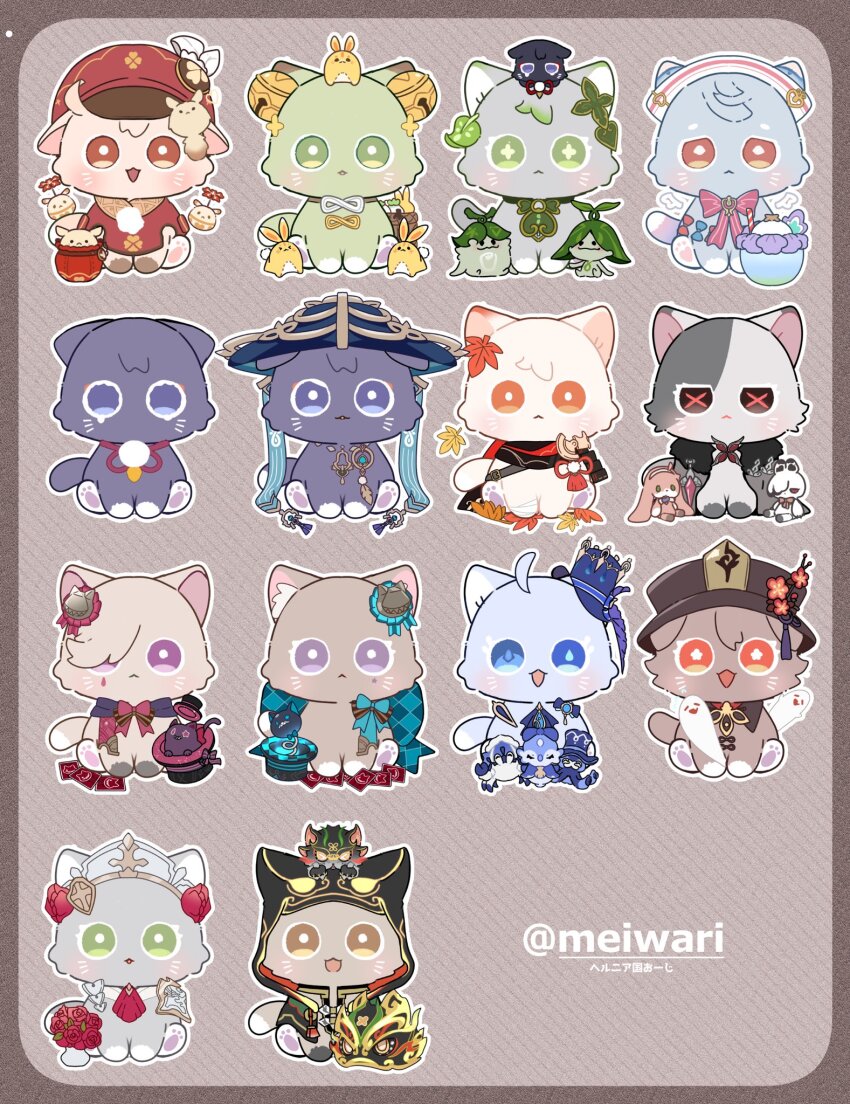 animalization, arabalika_(genshin_impact), aragaru_(genshin_impact), aranara_(genshin_impact), arlecchino_(genshin_impact), bell, black_hat, blue_eyes, blue_hat, boo_tao_(genshin_impact), bow, bowtie, brown_eyes, cat, dodoco_(genshin_impact), flower, furina_(genshin_impact), gaming_(genshin_impact), genshin_impact, gentilhomme_usher, ghost, green_eyes, hat, herunia_kokuoji, highres, hood, hu_tao_(genshin_impact), jingle_bell, jumpy_dumpty, kaedehara_kazuha, klee_(genshin_impact), lion_dance, lynette_(genshin_impact), lyney_(genshin_impact), mademoiselle_crabaletta, nahida_(genshin_impact), noelle_(genshin_impact), open_mouth, red_bow, red_bowtie, red_eyes, red_flower, red_hat, red_rose, rose, scaramouche_(cat)_(genshin_impact), scaramouche_(genshin_impact), sigewinne_(genshin_impact), surintendante_chevalmarin, symbol-shaped_pupils, tassel, top_hat, wanderer_(genshin_impact), whiskers, x-shaped_pupils, yaoyao_(genshin_impact), yuegui_(genshin_impact)