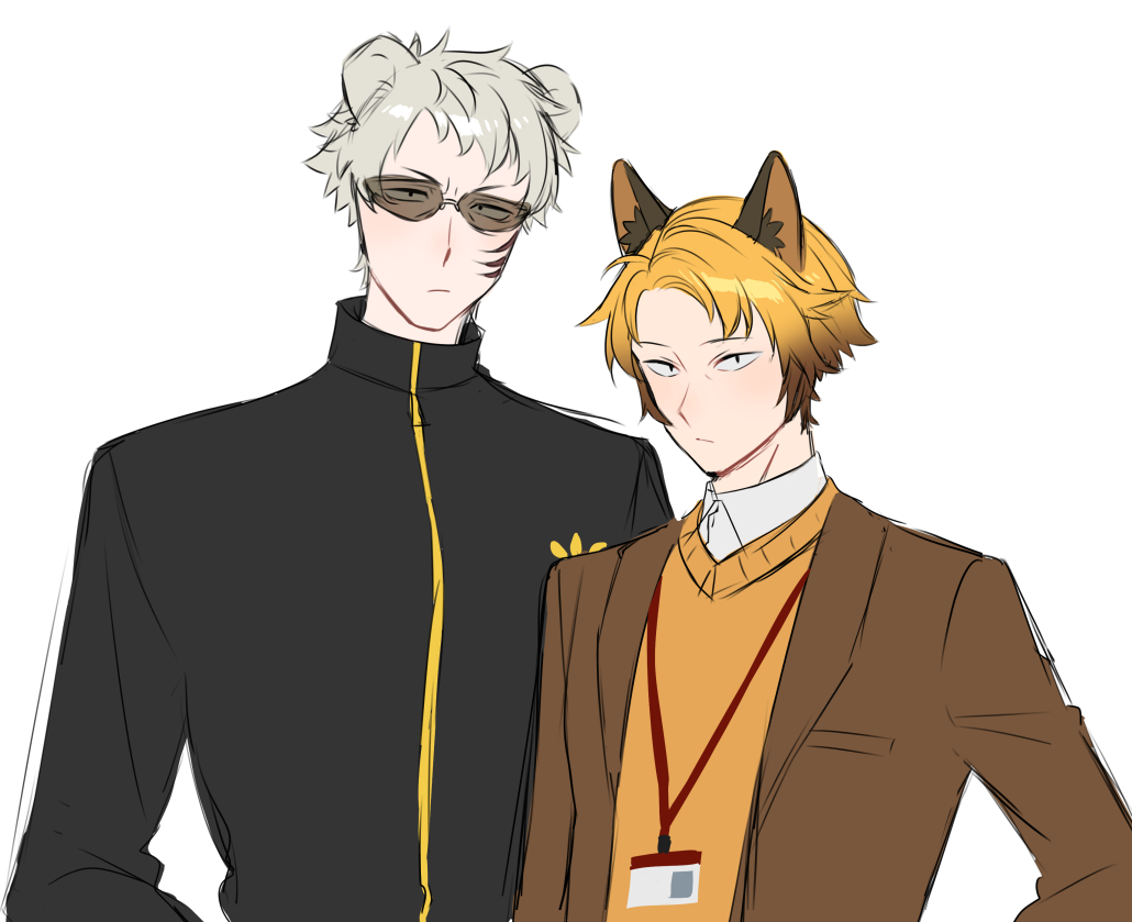 2boys, animal_ears, bear_ears, blonde_hair, brown_jacket, facial_scar, fox_ears, grey_hair