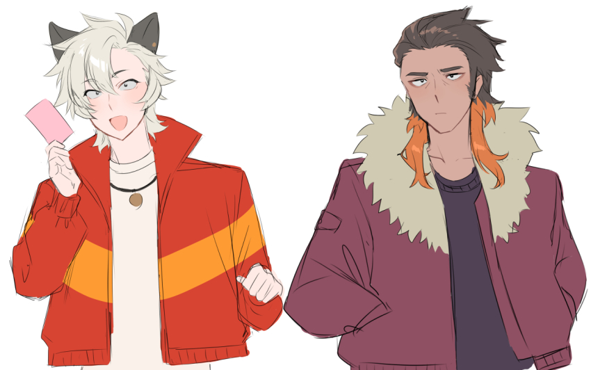 2boys, :d, animal_ears, coat, dobu_(odd_taxi), fur-trimmed_coat, fur_trim, grey_hair