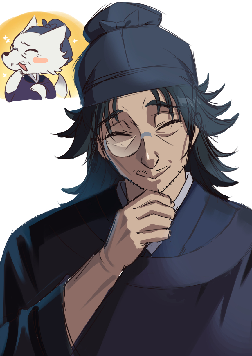 1boy, animalization, beard_stubble, closed_eyes, facial_hair, flipped_hair, fox, furry