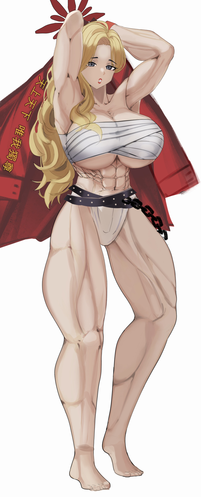 1girl, 96mako, abs, absurdres, akemi_(blue_archive), armpits, arms_behind_head, arms_up