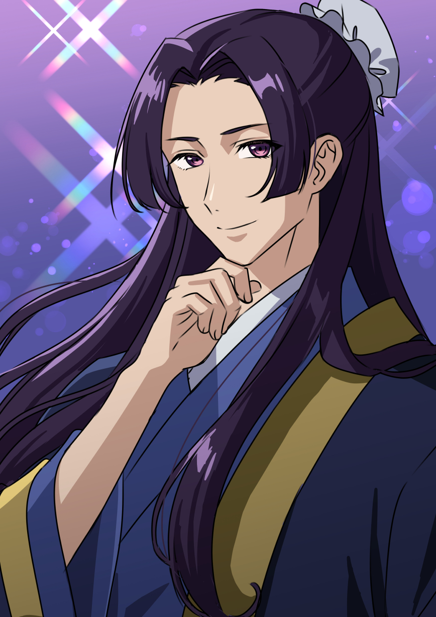 1boy, bishounen, black_hair, chinese_clothes, gradient_background, hand_up, hat, highres, jinshi_(kusuriya_no_hitorigoto), kusuriya_no_hitorigoto, light_smile, long_hair, looking_at_viewer, male_focus, miroku_(lost13724), purple_eyes, solo, sparkle, white_hat