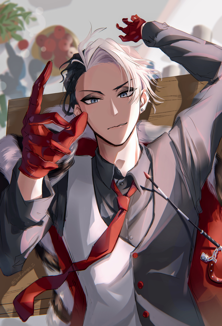 1boy, absurdres, arm_up, artist_name, black_hair, blue_eyes, blurry, blurry_background