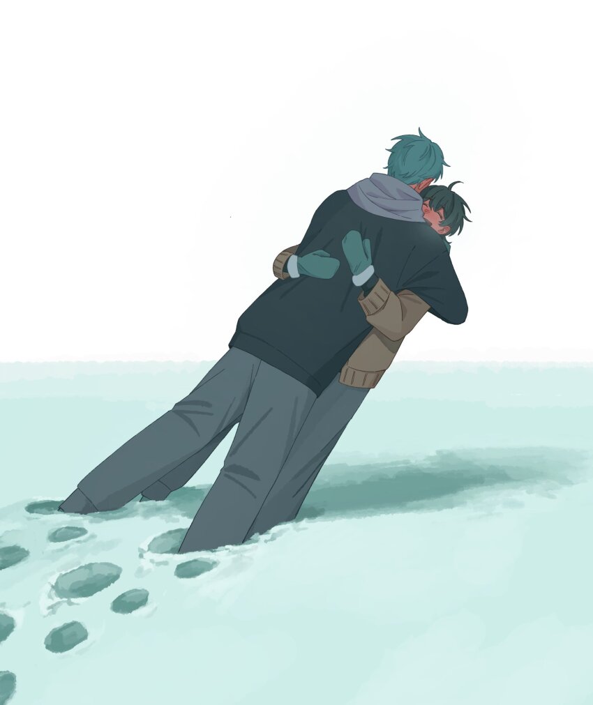 1boy, 1girl, black_hair, blue_hair, breath, commentary_request, falling, floyd_leech