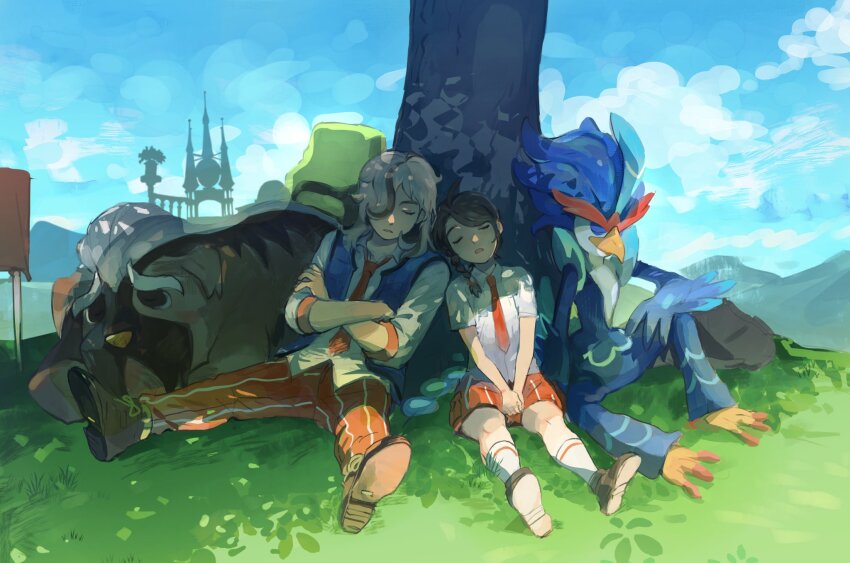 1boy, 1girl, arven_(pokemon), backpack, bag, blue_vest, braid, brown_footwear