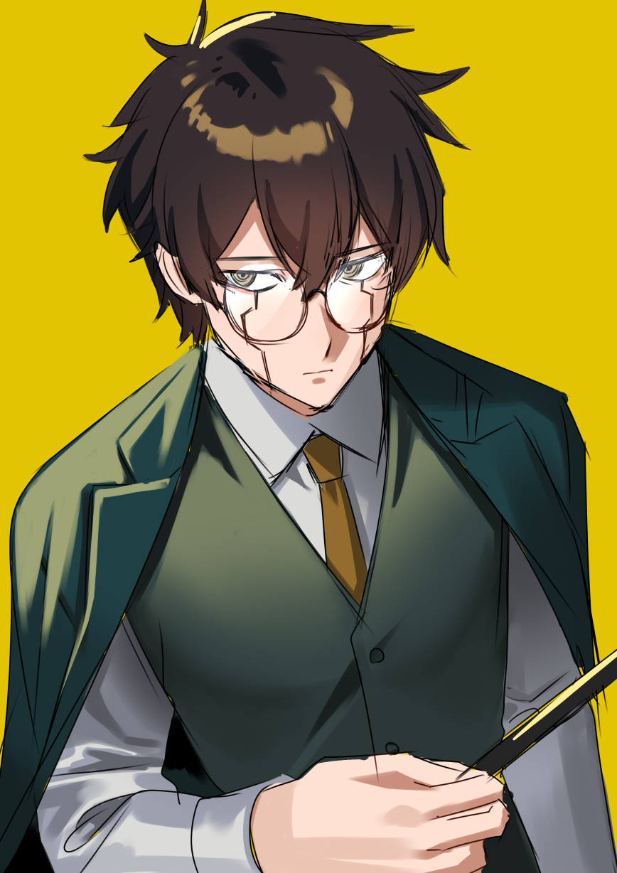 1boy, brown_eyes, brown_hair, brown_necktie, facial_mark, glasses, green_vest, highres