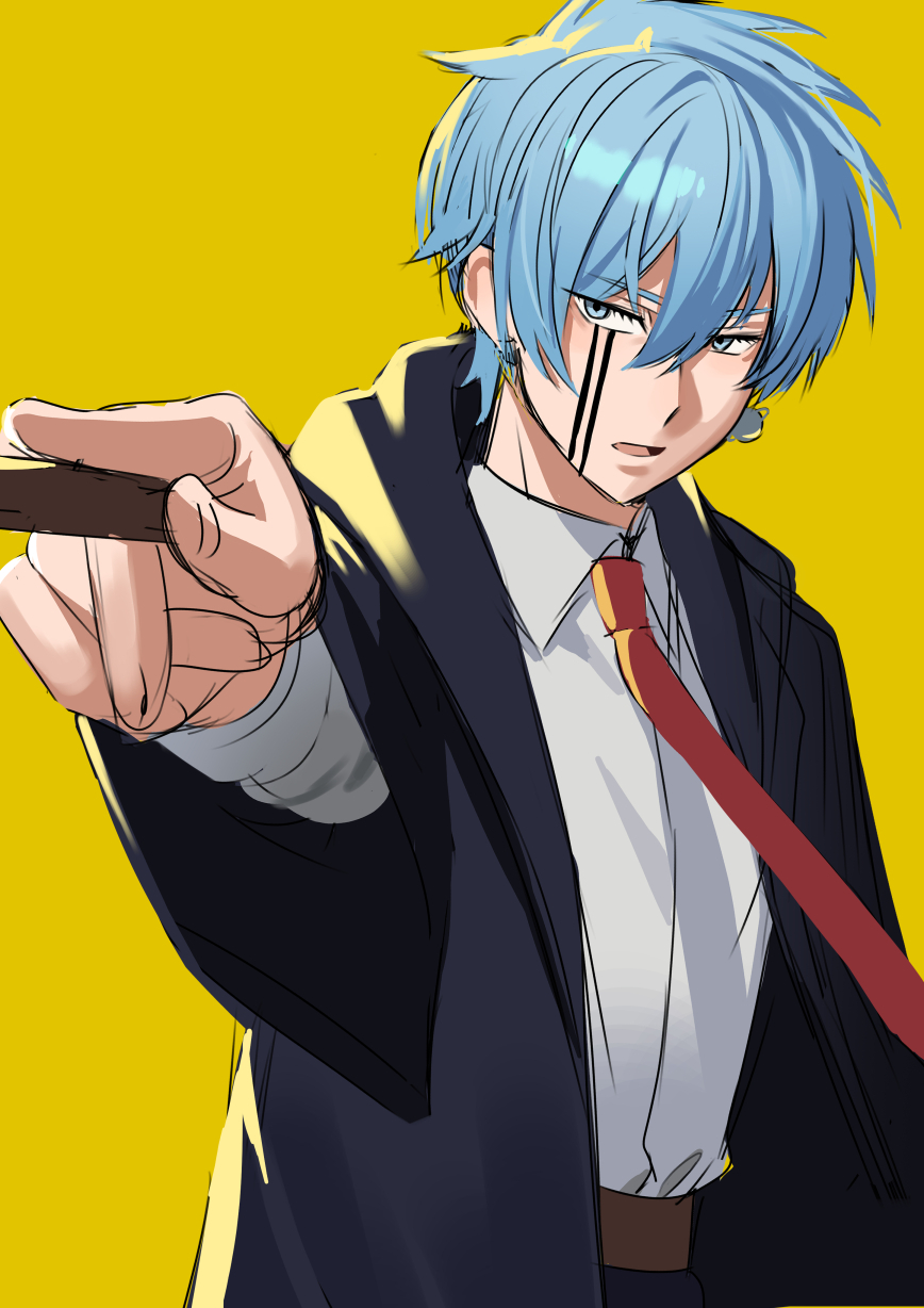 1boy, black_robe, blue_eyes, blue_hair, facial_mark, hair_between_eyes, highres, holding