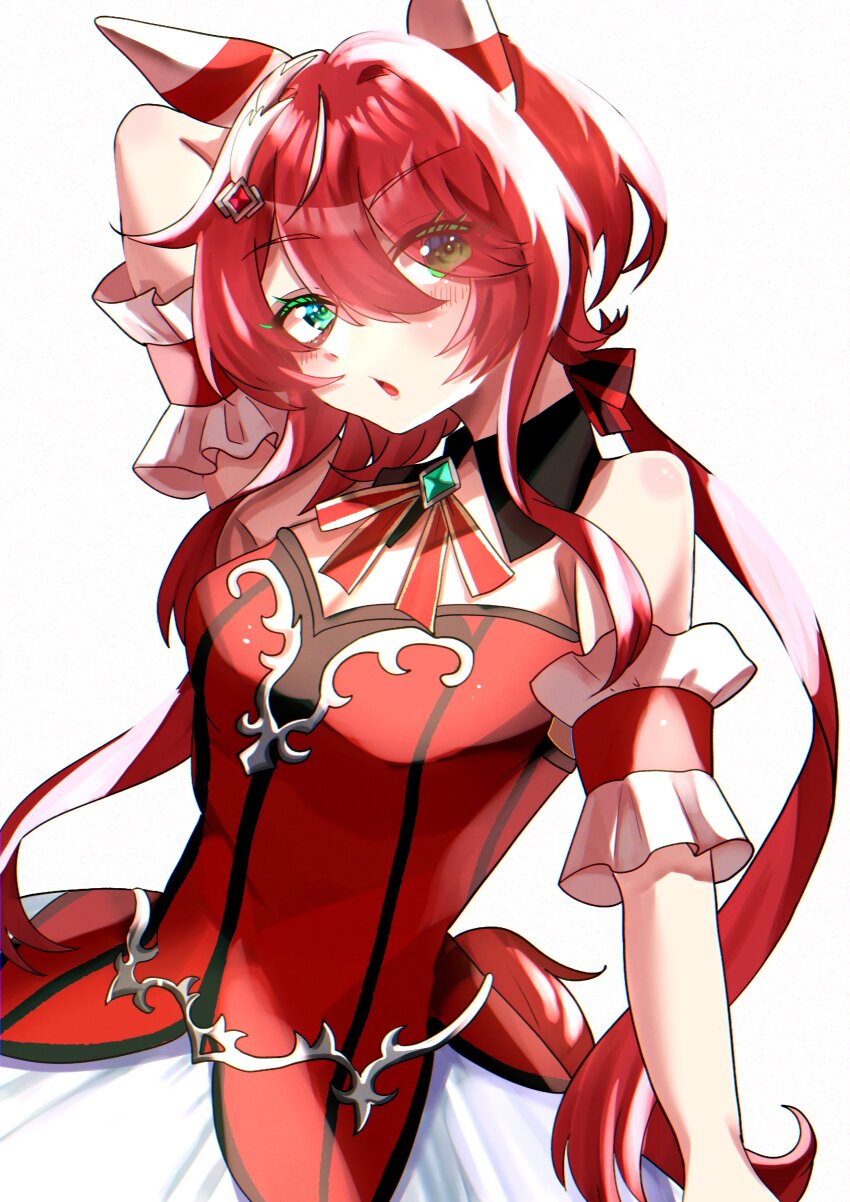 1girl, absurdres, animal_ears, arm_up, blush, breasts, cleavage, collarbone