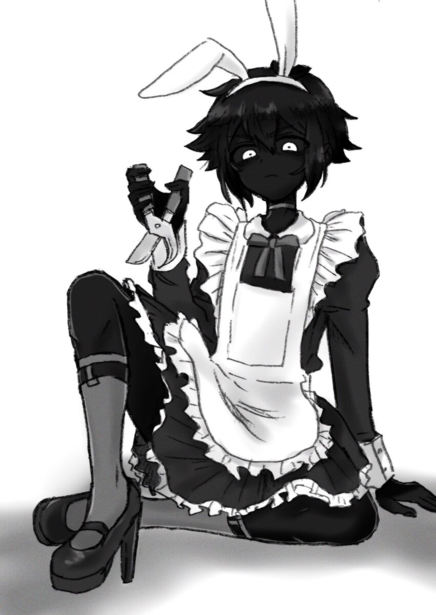 1boy, alternate_costume, animal_ears, black_footwear, black_hair, black_sclera, black_skin, closed_mouth