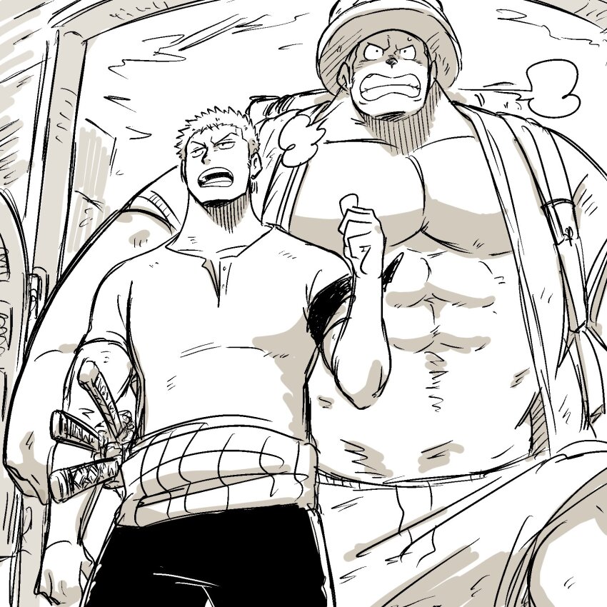 2boys, angry, bara, bare_pectorals, brown_theme, cowboy_shot, from_below, frown