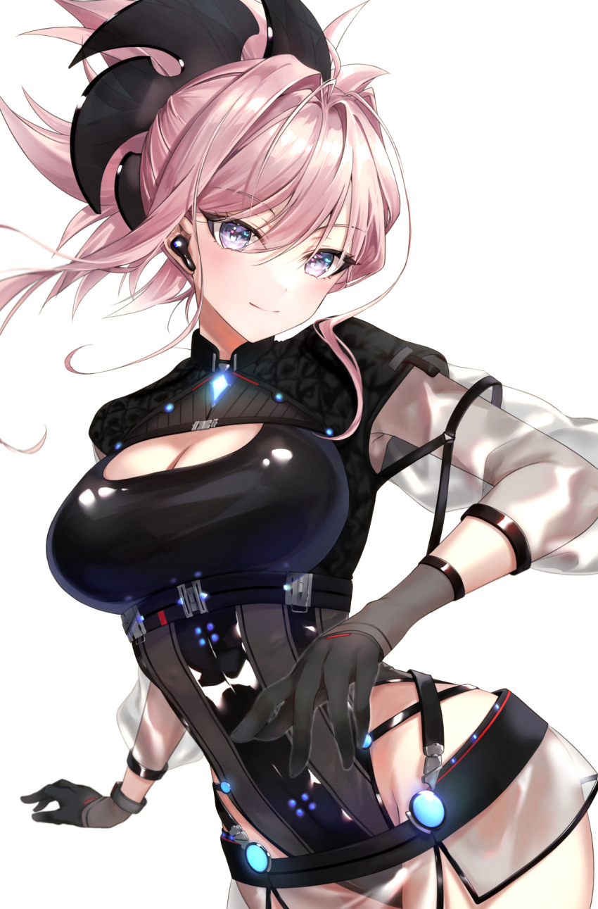 1girl, belt, black_gloves, black_leotard, blue_eyes, blush, breasts, cleavage