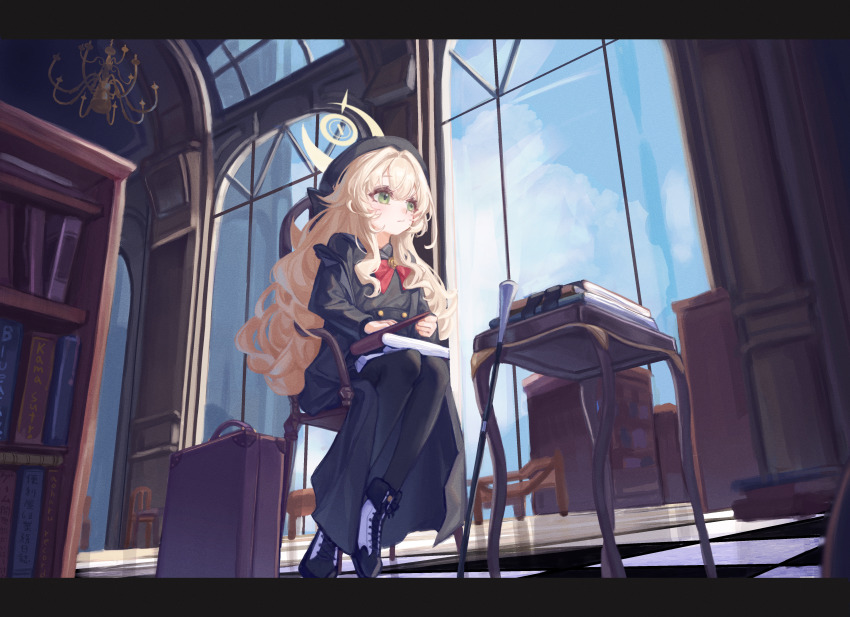 1girl, absurdres, black_coat, black_footwear, black_gloves, black_hat, black_pantyhose, black_sailor_collar