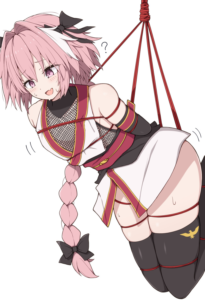 1boy, ?, absurdres, androgynous, arms_behind_back, astolfo_(exhibition_attire)_(fate), astolfo_(fate), azuki_(ne_4zk), bare_shoulders, black_bow, black_thighhighs, blush, bow, braid, braided_ponytail, commentary_request, curvy, detached_sleeves, fate/grand_order, fate_(series), hair_bow, hair_intakes, highres, japanese_clothes, kimono, long_hair, multicolored_hair, ninja, obi, open_mouth, pink_hair, purple_eyes, restrained, rope, sash, sexually_suggestive, shibari, short_kimono, smile, solo, streaked_hair, suspension, sweat, thighhighs, trap, white_hair, white_kimono, wide_hips