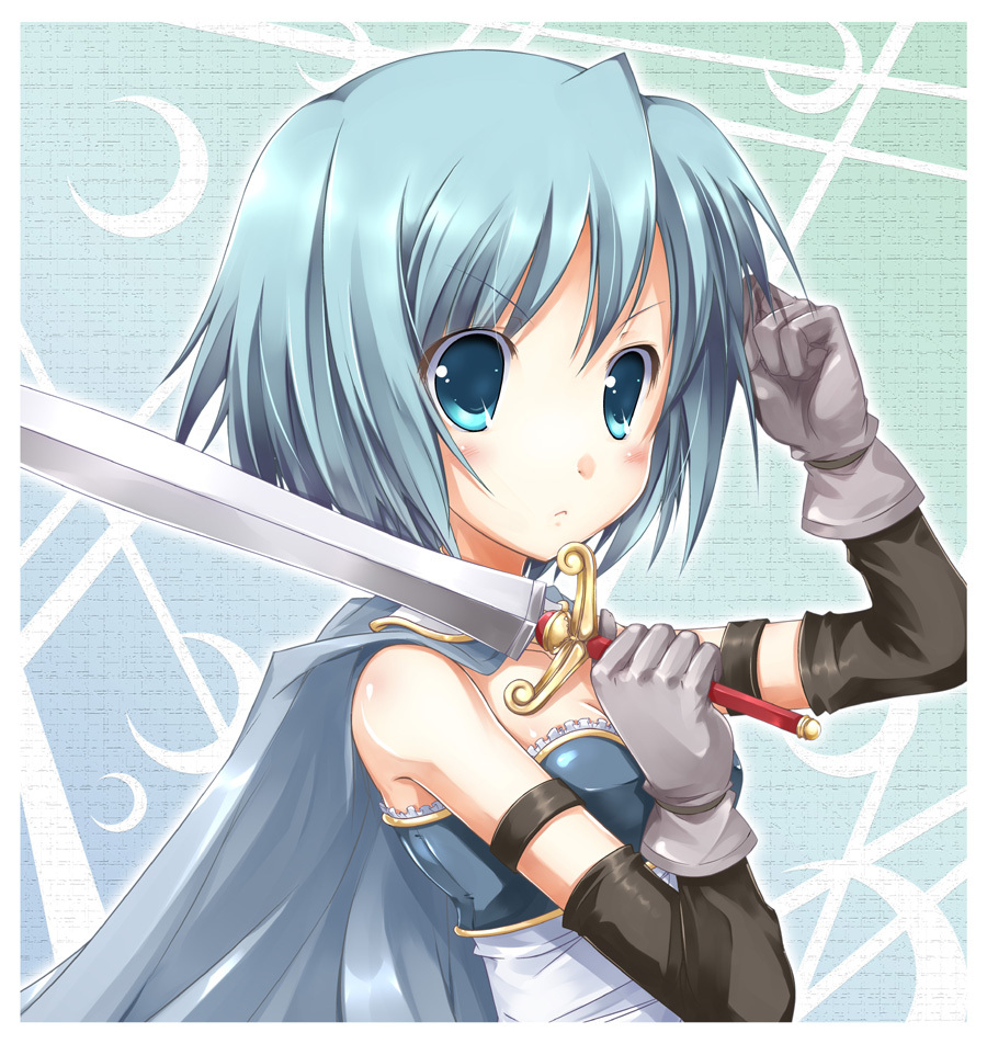 10s, 1girl, armband, bare_shoulders, blue_eyes, blue_hair, blush, bow