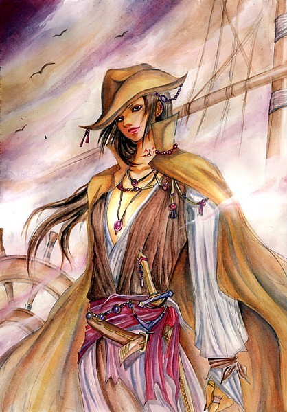 1990s_(style), androgynous, belt, cape, faris_scherwiz, final_fantasy, final_fantasy_v, gender_request, hat, liegoma, open_clothes, open_shirt, pirate_costume, reverse_trap, shirt, solo