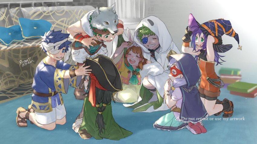 3girls, 4boys, 91007, aged_down, artist_name, black_hair, blue_eyes, blue_hair