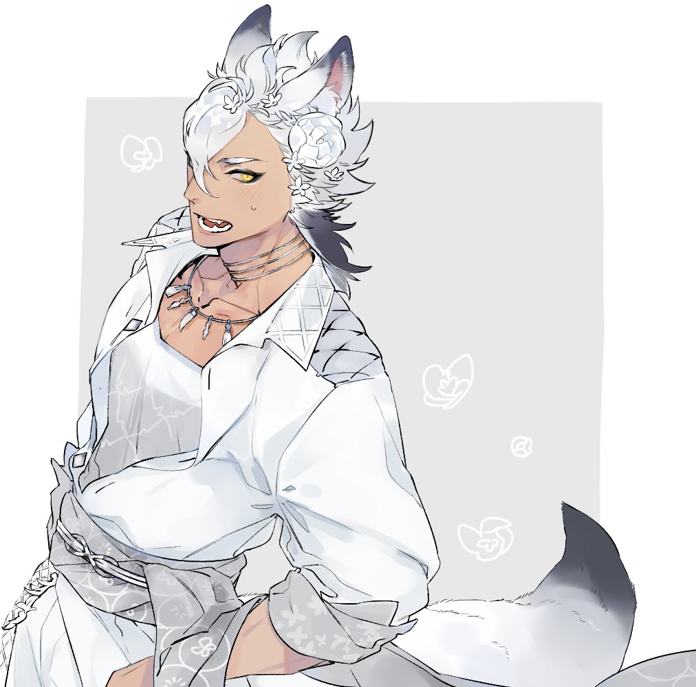 1boy, animal_ear_fluff, animal_ears, commentary_request, fangs, flower, grey_background, hair_flower