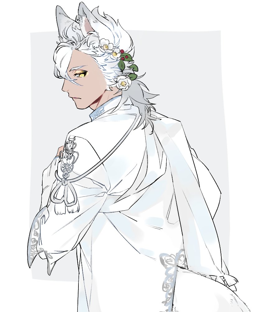 1boy, animal_ear_fluff, animal_ears, commentary_request, flower, formal_clothes, grey_background, hair_flower