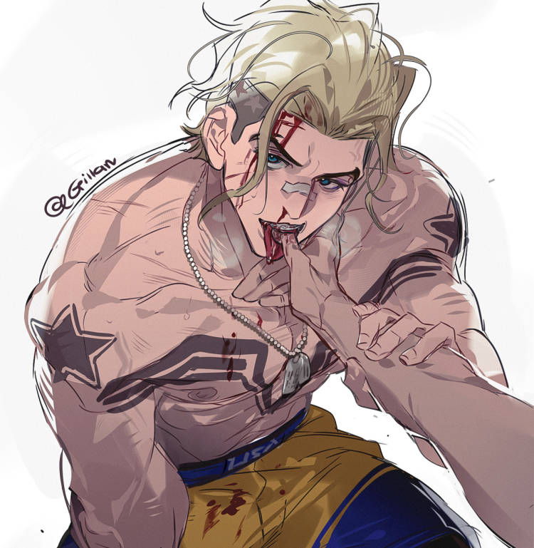 2boys, abs, bandaid, bandaid_on_face, bandaid_on_nose, bare_shoulders, biceps, blonde_hair