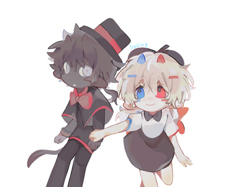 1boy, 1girl, beret, bing055695, black_hair, black_skin, blonde_hair, bow, bowtie, child, chinese_commentary, colored_skin, commentary_request, dapper_(quackity_smp), demon_boy, demon_horns, dragon_girl, dragon_horns, facepaint, hat, highres, horns, long_hair, minecraft_youtube, monster_boy, personification, pointy_ears, pomme_(quackity_smp), quackity_smp, shirt, short_hair, simple_background, skirt, smile, standing, tail, top_hat, white_background