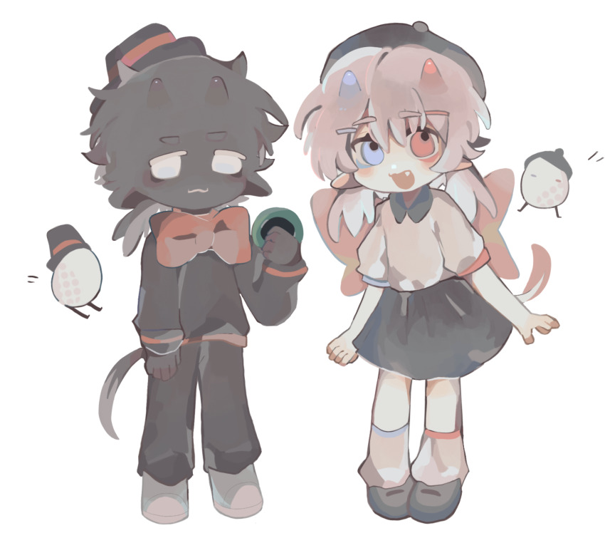 1boy, 1girl, beret, bing055695, black_hair, black_skin, blonde_hair, bow, bowtie, butterfly_wings, child, chinese_commentary, colored_skin, commentary_request, creature, creature_and_personification, dapper_(quackity_smp), demon_boy, demon_horns, dragon_girl, dragon_horns, dual_persona, egg, ender_pearl, facepaint, formal_clothes, full_body, happy, hat, heterochromia, highres, holding, horns, insect_wings, low_twintails, minecraft, minecraft_youtube, monster_boy, personification, pomme_(quackity_smp), quackity_smp, skirt, standing, top_hat, twintails, white_background, wings