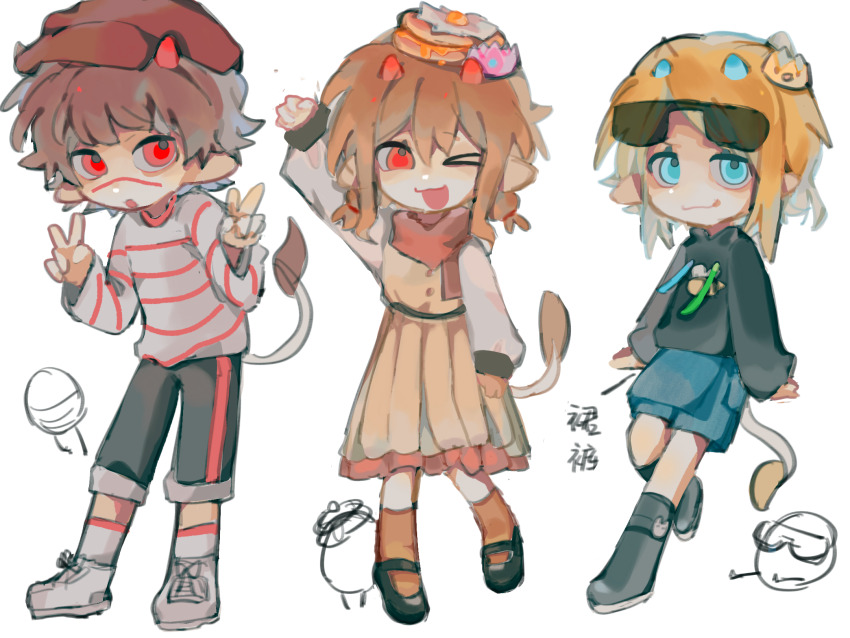 1boy, 2girls, androgynous, animification, bing055695, blonde_hair, blue_eyes, brown_hair, child, chinese_commentary, commentary_request, dragon_boy, dragon_girl, dragon_horns, dragon_tail, dress, empanada_(quackity_smp), eyewear_on_head, food, hand_up, hat, highres, horns, long_hair, medium_hair, minecraft_youtube, multiple_girls, one_eye_closed, pancake, pancake_stack, pepito, personification, quackity_smp, red_eyes, reverse_trap, scar, scarf, shirt, short_hair, striped_clothes, striped_shirt, sunglasses, sunnysideup_(quackity_smp), tail, tomboy, v, white_background