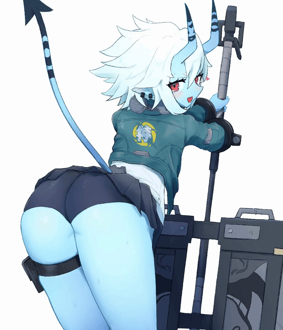 1girl, animated, animated_gif, ass, ass_shake, black_skirt, blue_horns, blue_skin, blush, bouncing_ass, colored_skin, demon_tail, ear_piercing, female_focus, from_behind, green_jacket, heart, holding, holding_sword, holding_weapon, horns, jacket, leaning_forward, loli, looking_at_viewer, looking_back, mimicpandemic, miniskirt, oni, open_mouth, piercing, pleated_skirt, pointy_ears, red_eyes, shirt, short_hair, short_shorts, shorts, shorts_under_skirt, simple_background, skin-covered_horns, skirt, solo, soukaku_(zenless_zone_zero), standing, sword, tail, thigh_strap, thighs, turning_head, weapon, white_background, white_hair, white_shirt, zenless_zone_zero