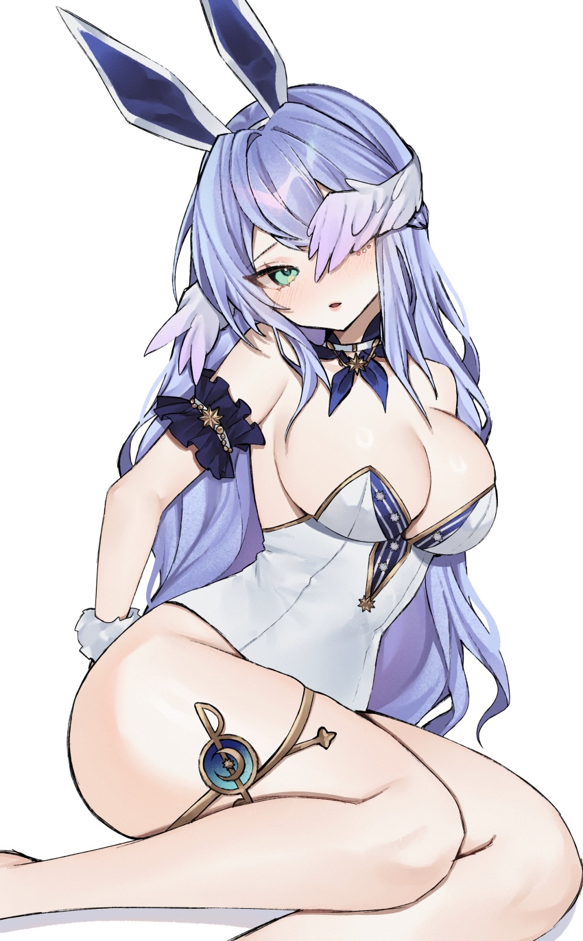 1girl, absurdres, alternate_costume, ami_(greeneyes37), animal_ears, armband, arms_behind_back, bare_shoulders, blue_armband, blush, breasts, cleavage, commentary, english_commentary, fake_animal_ears, feet_out_of_frame, frilled_armband, frills, hair_between_eyes, head_tilt, head_wings, highleg, highleg_leotard, highres, honkai:_star_rail, honkai_(series), jewelry, large_breasts, leotard, long_hair, looking_at_viewer, miclipse, parted_lips, playboy_bunny, purple_hair, rabbit_ears, robin_(honkai:_star_rail), sideboob, simple_background, sitting, solo, strapless, strapless_leotard, thighlet, thighs, very_long_hair, white_background, white_leotard, wings, yokozuwari