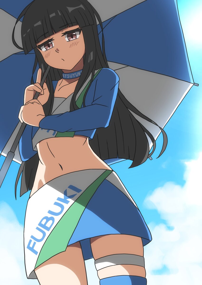 1girl, absurdres, black_hair, blue_choker, blue_sky, blue_thighhighs, bow, bowtie