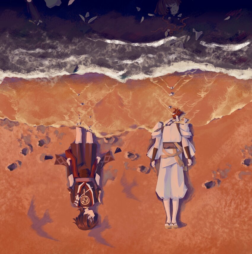 2boys, absurdres, armor, arms_at_sides, beach, bird_shadow, closed_mouth, daydreeaaaming