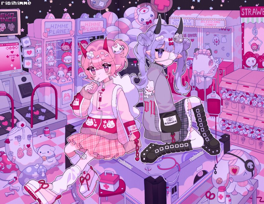 2girls, absurdly_detailed_composition, apollo_(rinihimme), arcade, arcade_cabinet, bemani, blood, blood_bag