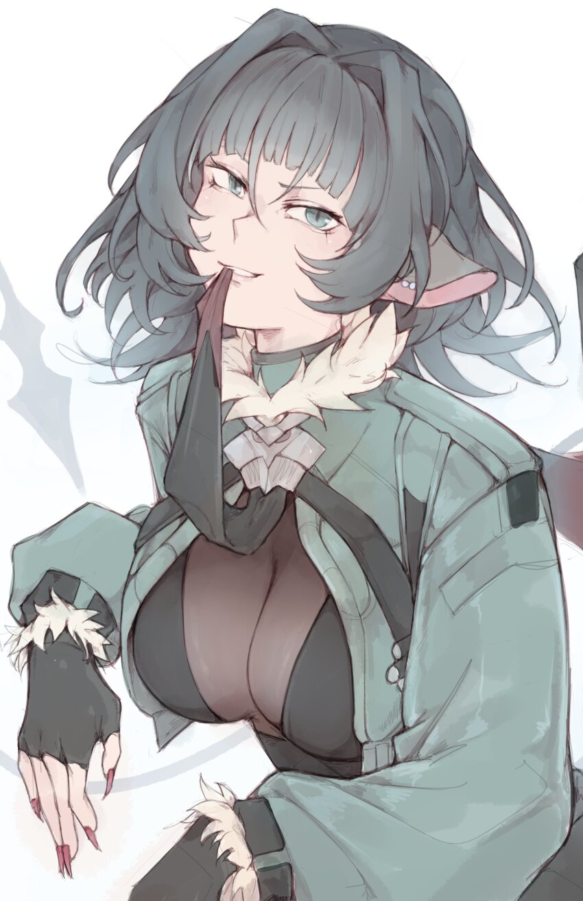 1girl, absurdres, animal_ears, black_gloves, black_hair, breasts, cleavage, commentary