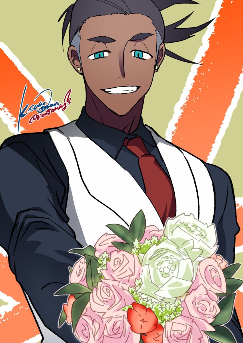 1boy, black_hair, black_shirt, blue_eyes, bouquet, collared_shirt, dark-skinned_male, dark_skin