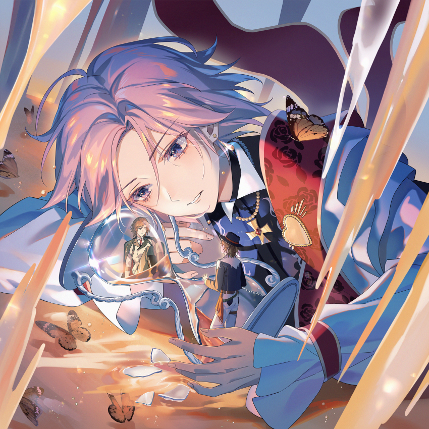 3boys, arm_rest, broken_glass, broken_hourglass, bug, butterfly, cheek_rest, diffraction_spikes