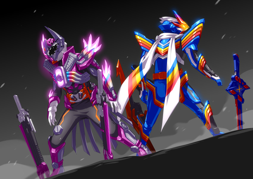 2boys, absurdres, armor, asymmetrical_armor, bodysuit, bolt_(hardware), boots, compound_eyes