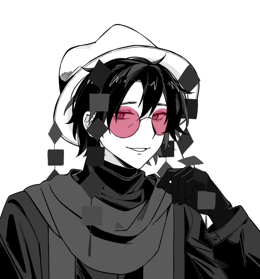 1boy, absurdres, commentary, gloves, greyscale, hair_between_eyes, hand_up, hat