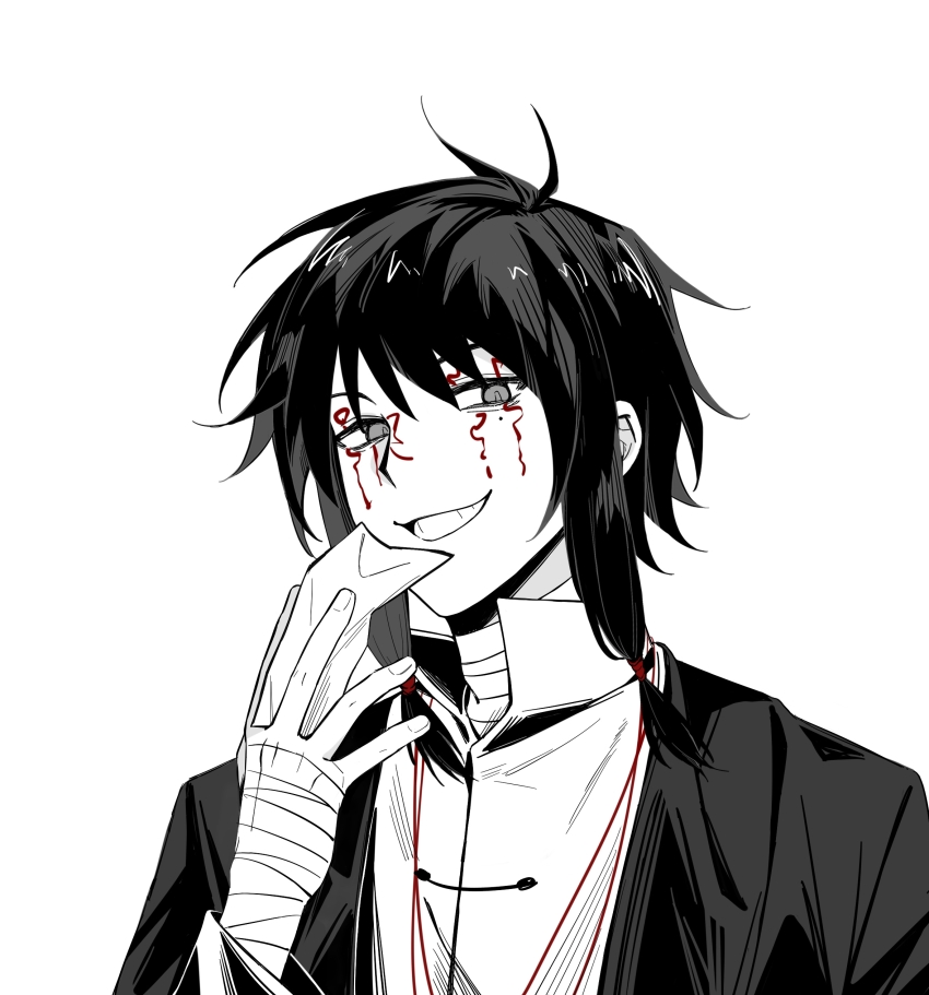 1boy, absurdres, bandaged_hand, bandaged_neck, bandages, coat, collared_shirt, commentary, facial_tattoo, greyscale, grin, highres, jacket, long_sleeves, male_focus, medium_hair, monochrome, open_clothes, open_coat, open_jacket, portrait, shirt, signforowl, simple_background, smile, solo, spot_color, untranslatable_commentary, tattoo, touqi_guaitan, white_background, ziche_fuzhao