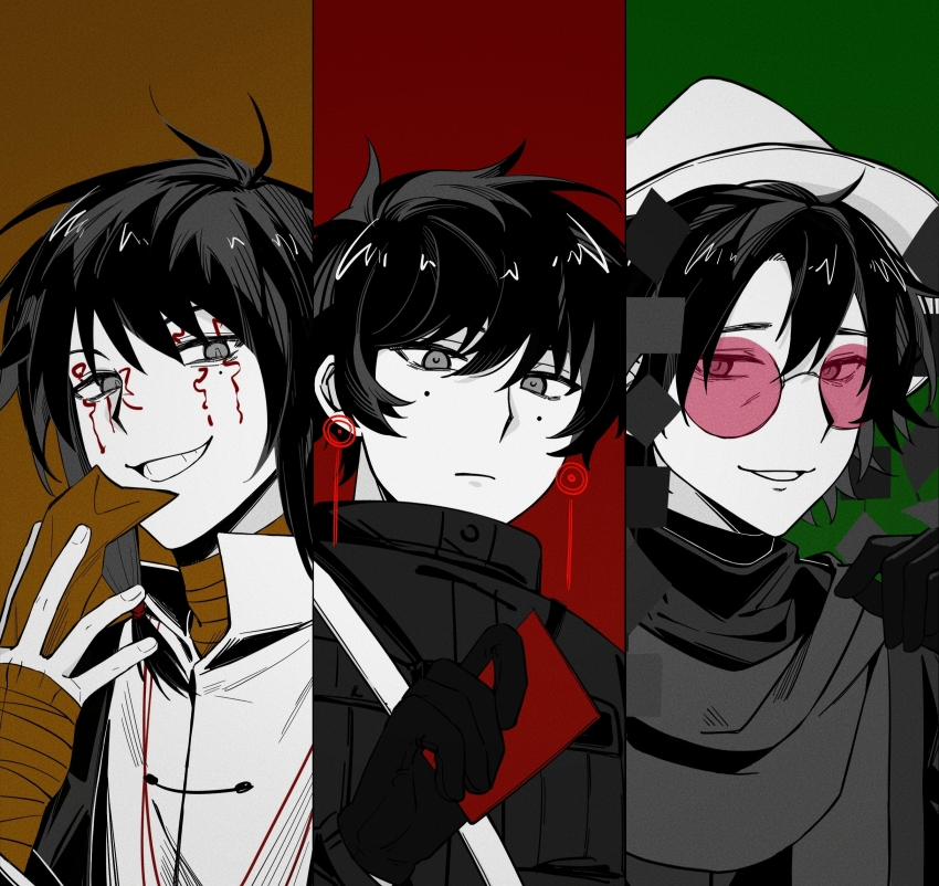 3boys, absurdres, bandaged_hand, bandaged_neck, bandages, closed_mouth, coat, collared_shirt