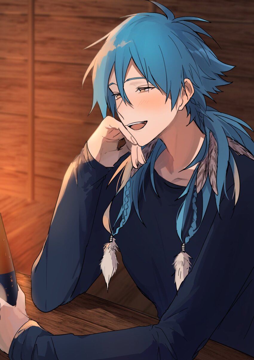 1boy, alcohol, arm_on_table, blue_hair, blue_shirt, blush, cup, dramatical_murder