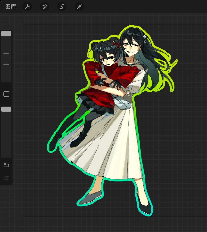 1boy, 1girl, art_program_in_frame, bag, black_boots, black_eyes, black_gloves, black_hair, black_pantyhose, black_shoes, black_skirt, boots, chinese_commentary, commentary_request, crossdressing, crossdressing_(mtf), dress, earrings, floating_hair, flower, gloves, gradient_outline, grin, hair_between_eyes, hair_flower, hair_intakes, hair_ornament, hair_ribbon, hair_rings, high_collar, highres, jacket, jewelry, jiubadianshiajiedianhua, li_yuting_(female), long_hair, long_sleeves, miniskirt, mole, mole_under_each_eye, mole_under_eye, multiple_moles, open_mouth, outline, pantyhose, pleated_skirt, procreate_(medium), procreate_(software), puffy_short_sleeves, puffy_sleeves, red_jacket, red_ribbon, ribbon, shoes, short_hair, short_sleeves, shoulder_bag, skirt, smile, touqi_guaitan, trap, white_bag, white_dress, white_flower, ziche_fuzhao